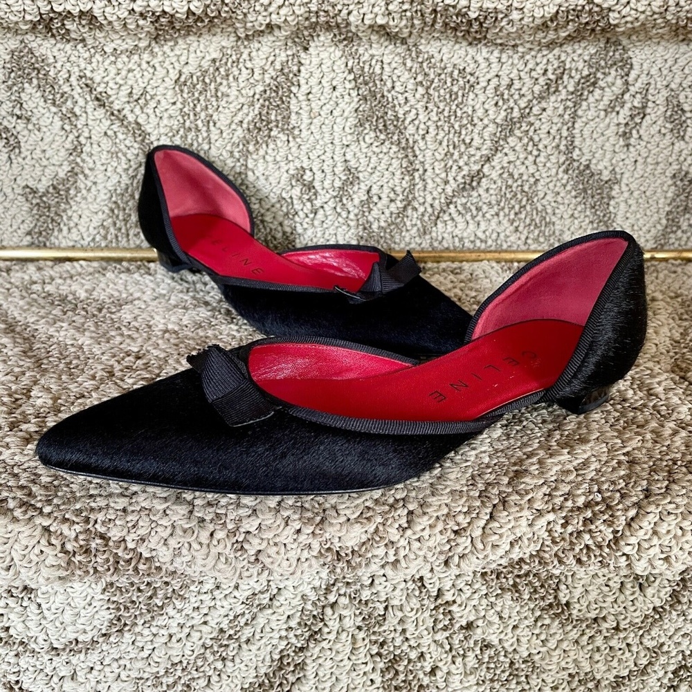Celine Flats Shoes Size 36 or 6 Black Calf-Hair Pointed Toe d'Orsay